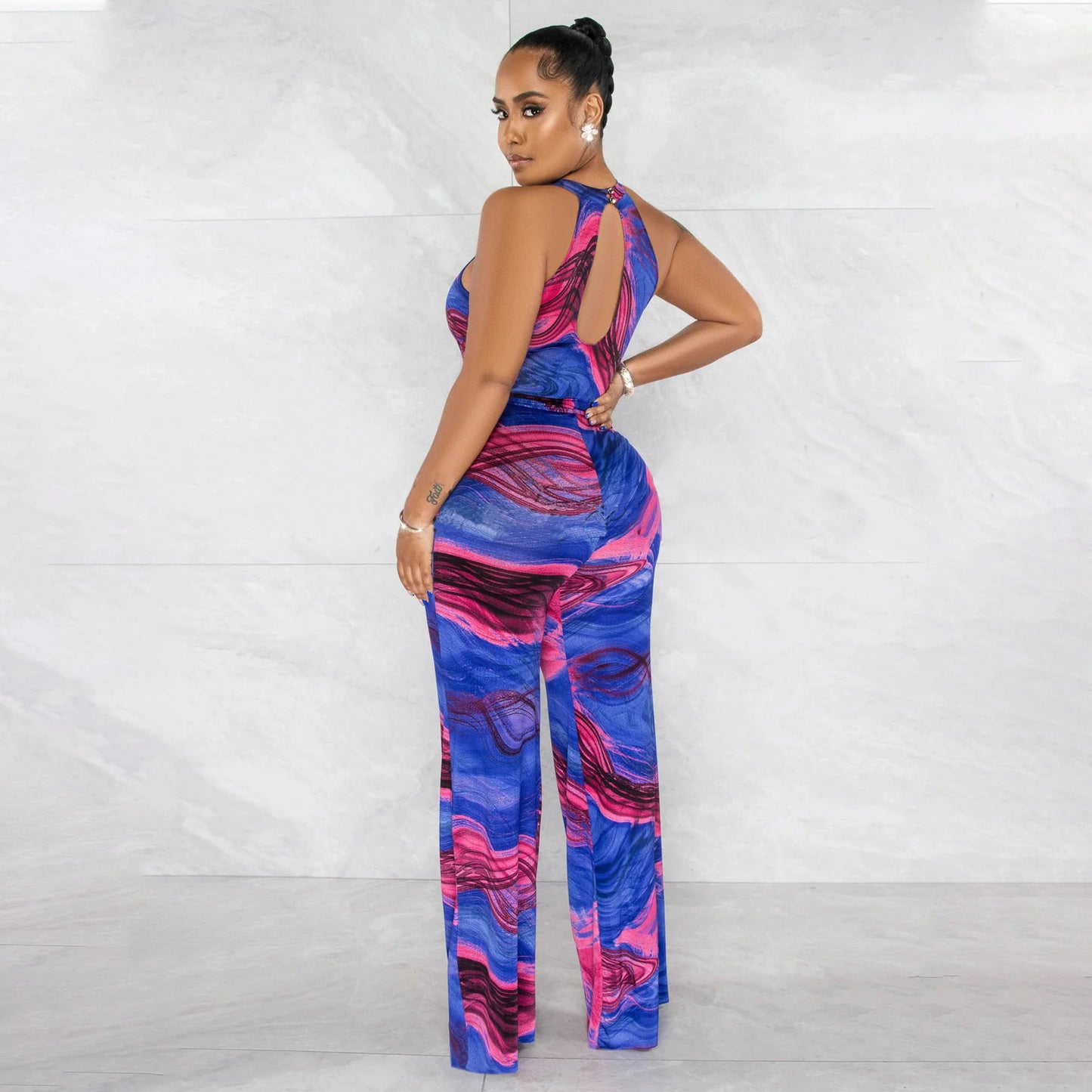 Tropical Floral Printed Halter Neck Sleeveless Sash Belted Jumpsuit