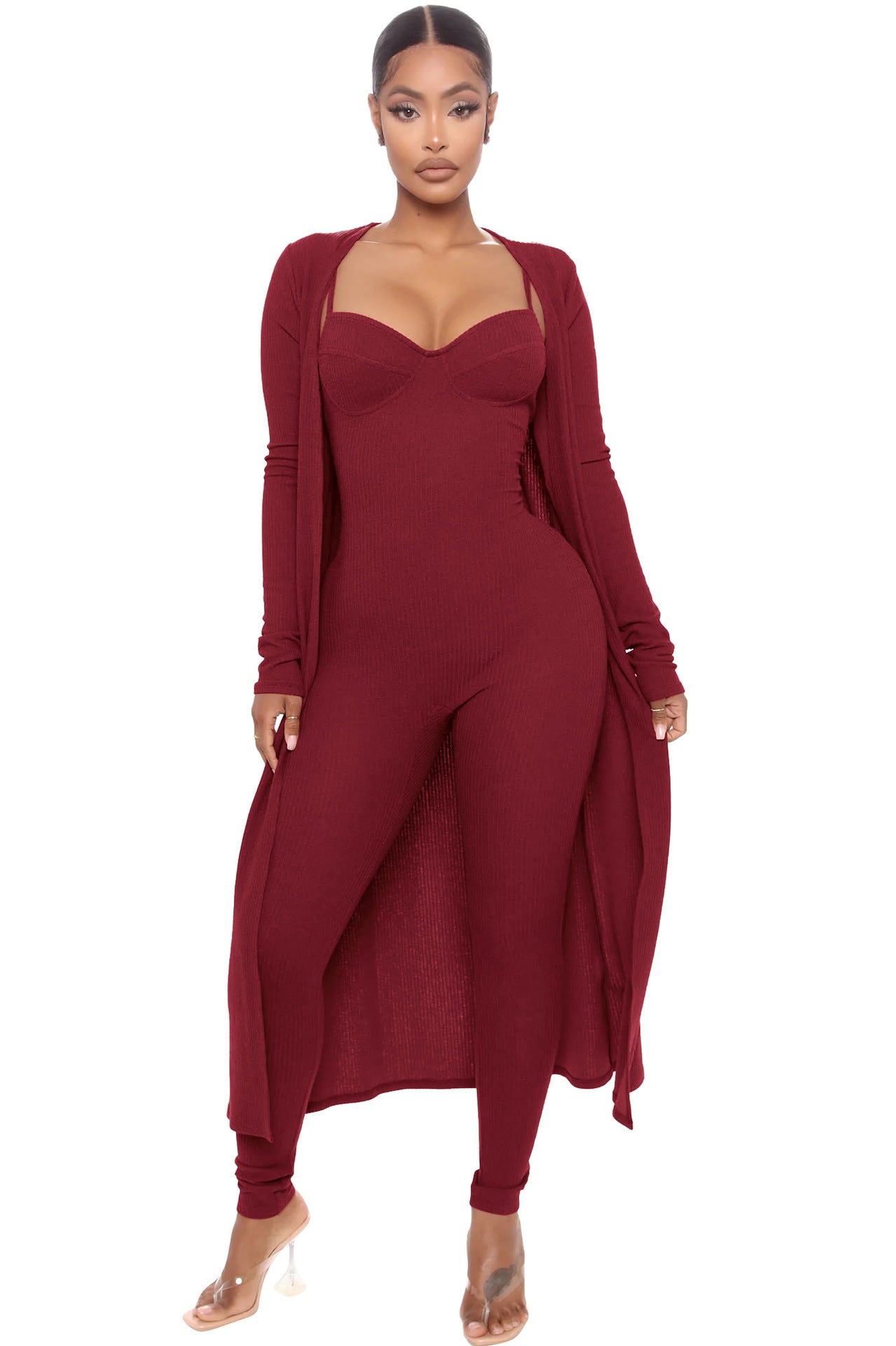 Solid Color Women's Open Maxi Cardigan + Cami Spaghetti Strap V-Neck Jumpsuit 2-Piece Set