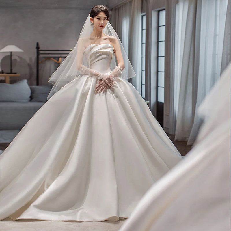 Satin Temperament Princess Style French Oversized Sweep Train Wedding Bridal Gown