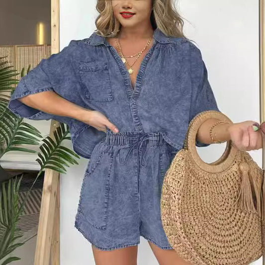 Loose Denim Women's Batwing Short Sleeve Button-Up Shirt + Drawstring Pocketed Shorts 2-Piece Set to 3X Plus Size