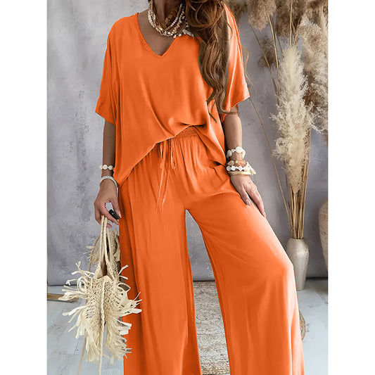 Solid Color V-Neck Half Sleeve Women's T-Shirt + Wide Leg Pants 2-Piece Set