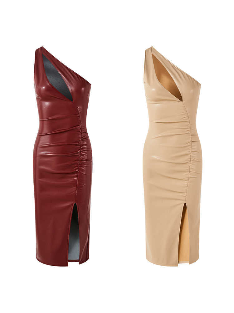 Asymmetrical PU Leather Ruched Hollow-Out One Shoulder Irregular Pleated High Side Slit Dress