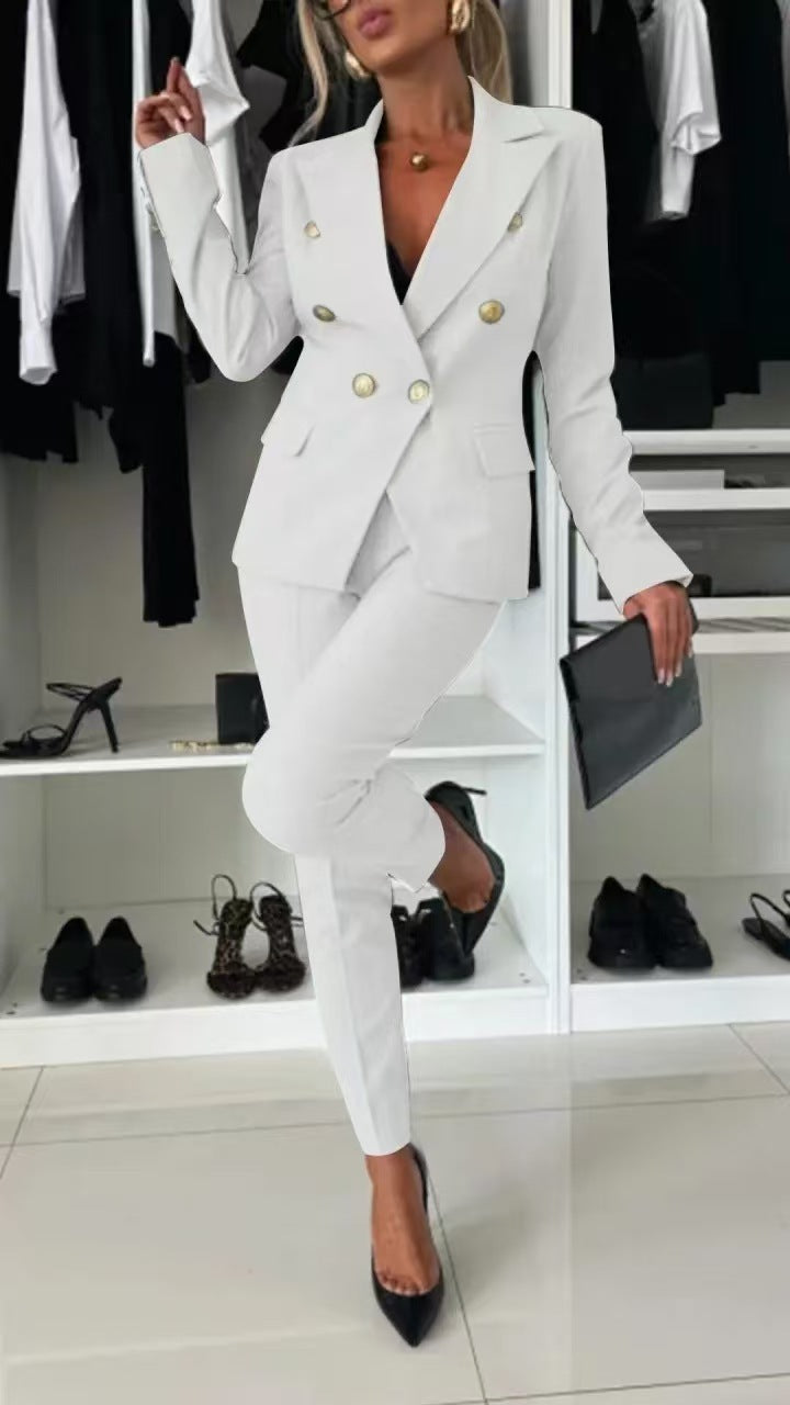 Double Breasted Button-Up Women's Blazer Jacket + Skinny Trouser Pants Women's Office Business Suit