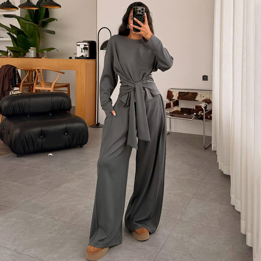 Lace-Up Sash Belted Solid Color Long Sleeve Women's Wide Leg Jumpsuit