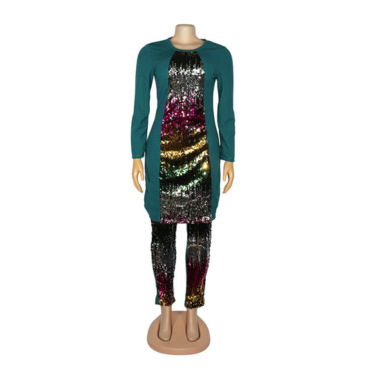 High Elastic Colorful Sequin Cotton And Linen Women's Pants Suit