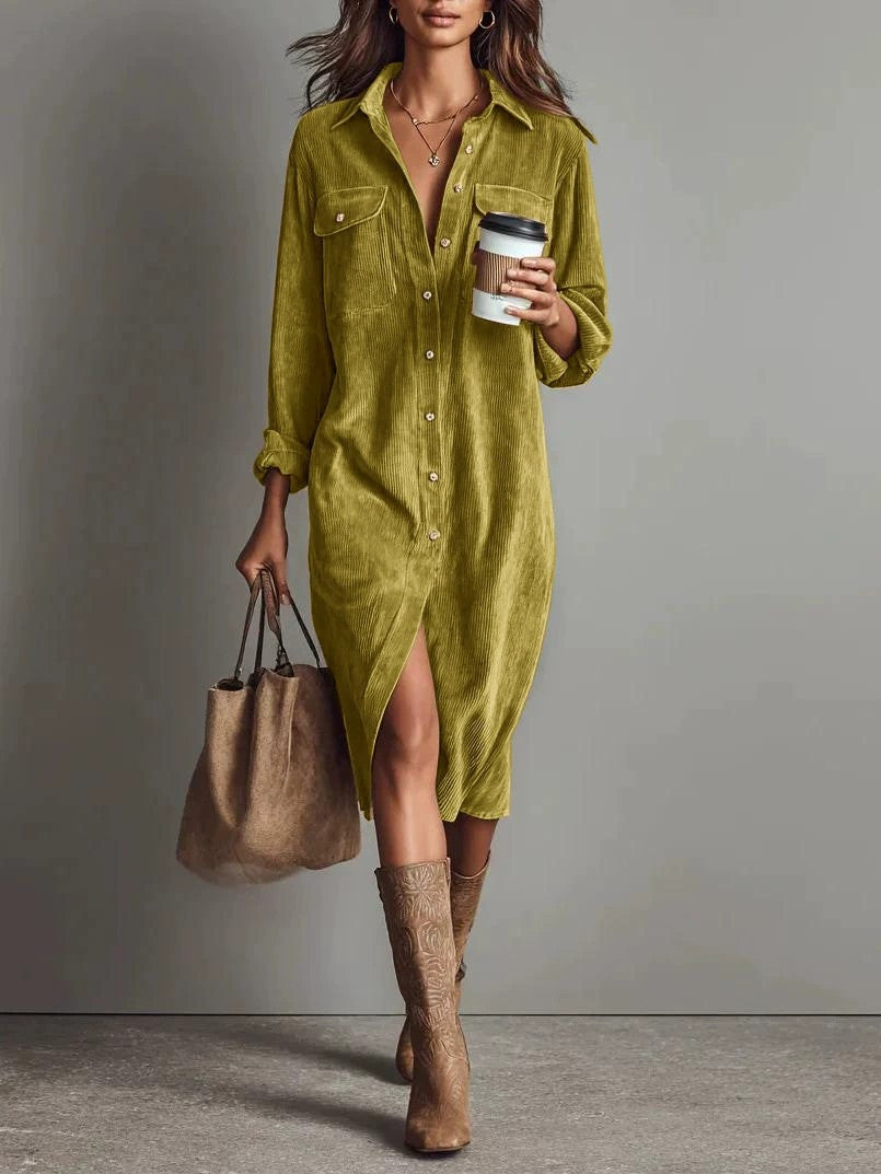 Double Pocket Design Turn-Down Collar Loose Button-Up Long Sleeve Office Midi Shirt Dress to 3X Plus Size