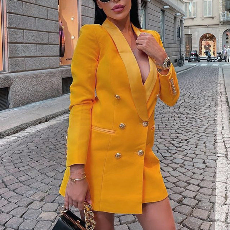 Double Breasted Button Detail Women's Long Sleeve Mini Blazer Dress