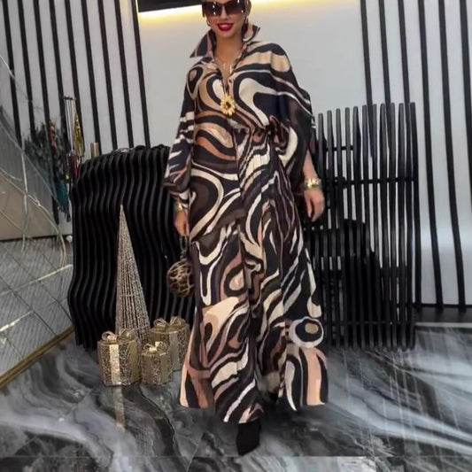 Swirl Print Long Sleeve Blouse + Wide Leg Loose Pants Women's 2-Piece Set to 3X Plus Size