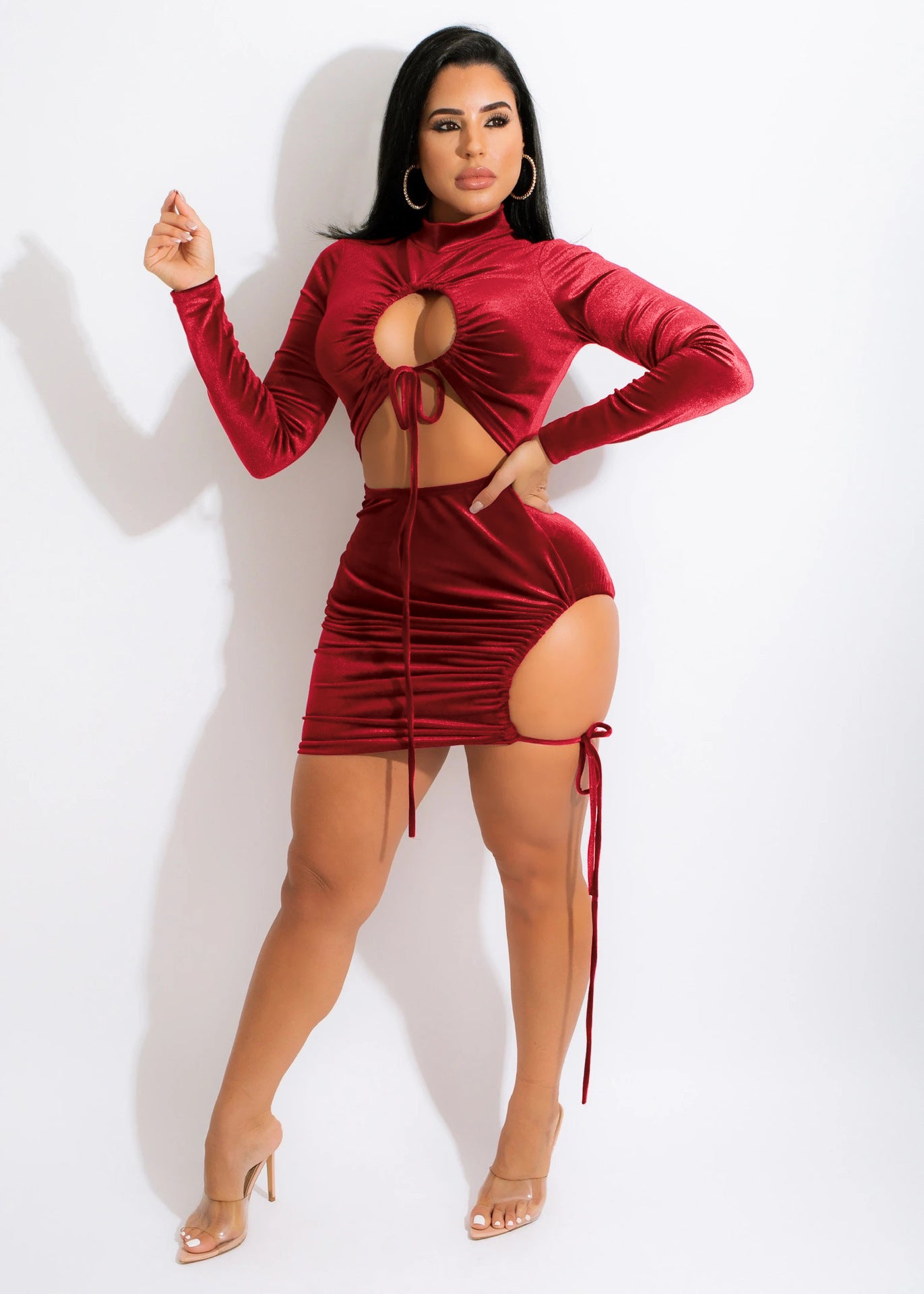 Velvet Lace-Up Drawstring Solid Color Hollow-Out Long Sleeve Mini Dress