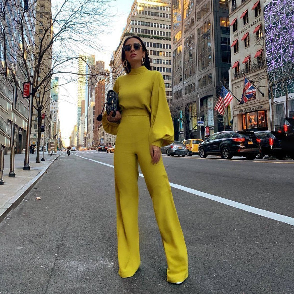 Turtleneck Solid Color Backless Long Balloon Sleeve Women's Pants One-Piece Jumpsuit to 3X Plus Size