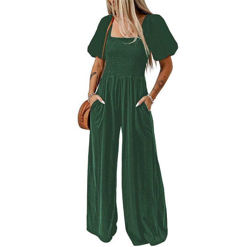 Square Collar Short Puff Sleeve Solid Color Wide Leg Jumpsuit