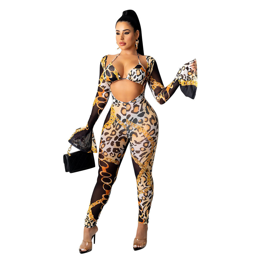 Mesh Transparent Hollow-Out Leopard Chain Print Bikini Long Sleeve Crop Top + Leggings Women's 2-Piece Set