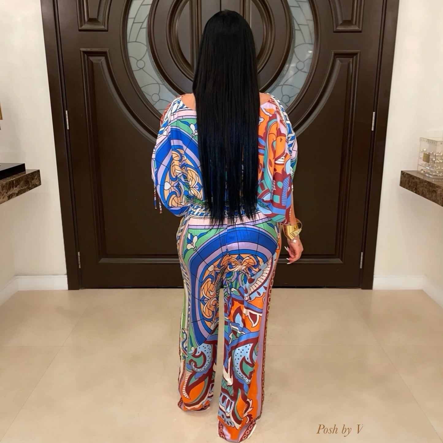 Off-the-Shoulder Geometric Floral Cropped Lantern Sleeve Blouse + Pants Women's 2-Piece Set