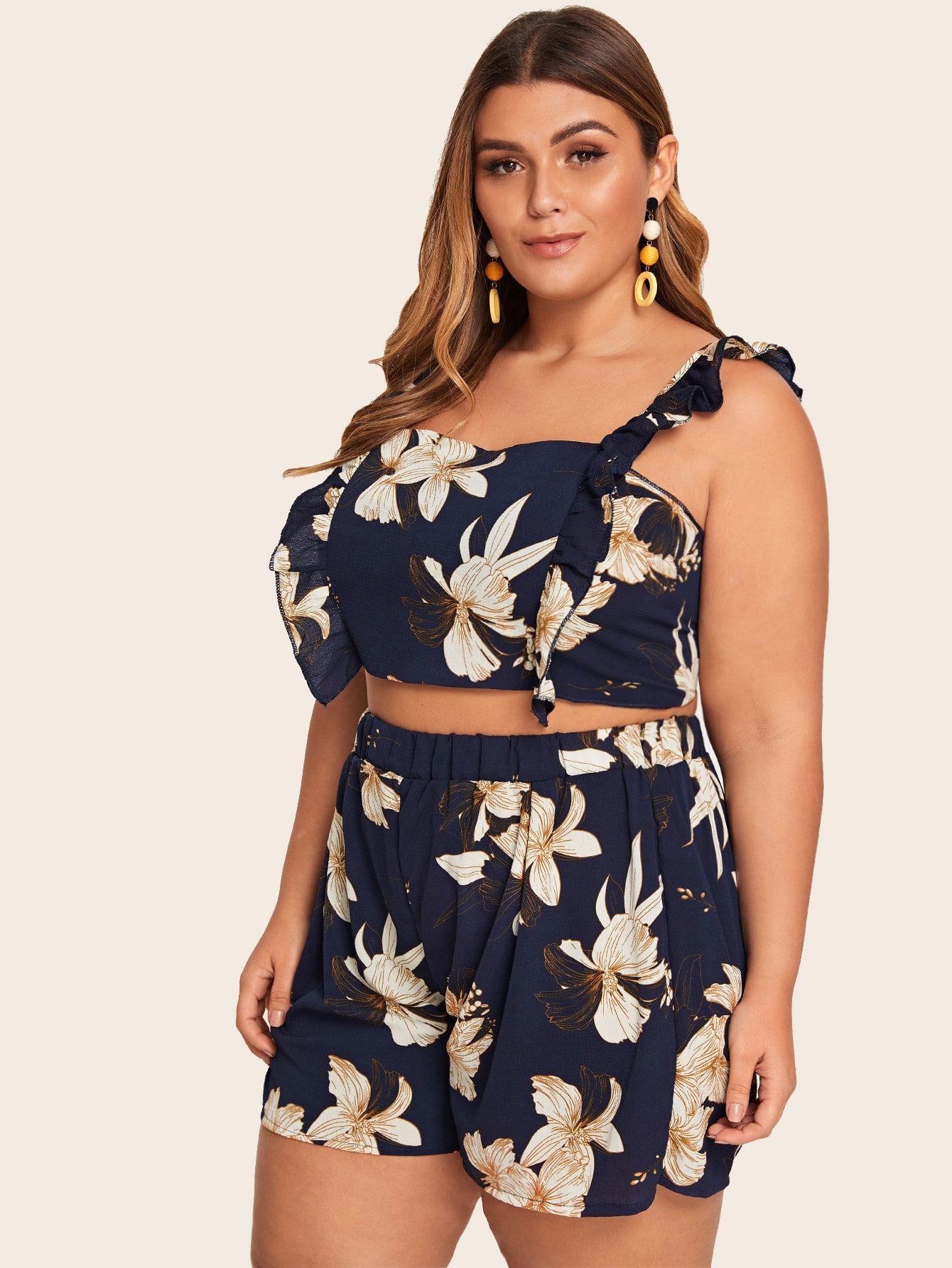 Navy Blue Flower Print Printed Crop Tank Top + Shorts 2-Piece Set to 4X Plus Size