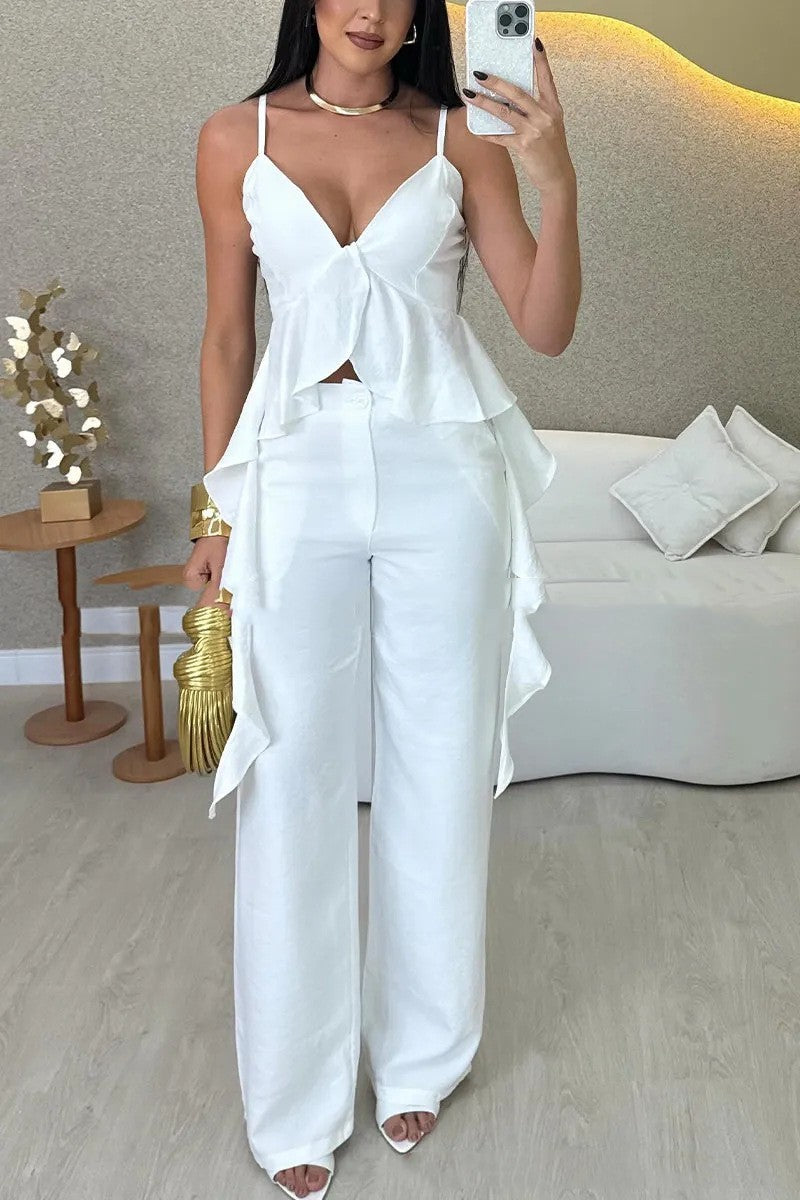 Ruffled Solid Color V-Neck Maxi Tank Top + Matching Leggings Women's 2-Piece Set