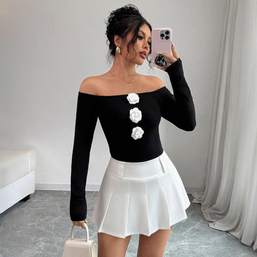 Black Off-the-Shoulder 3D White Floral Embroidered Skinny Long Sleeve Women's Shirt