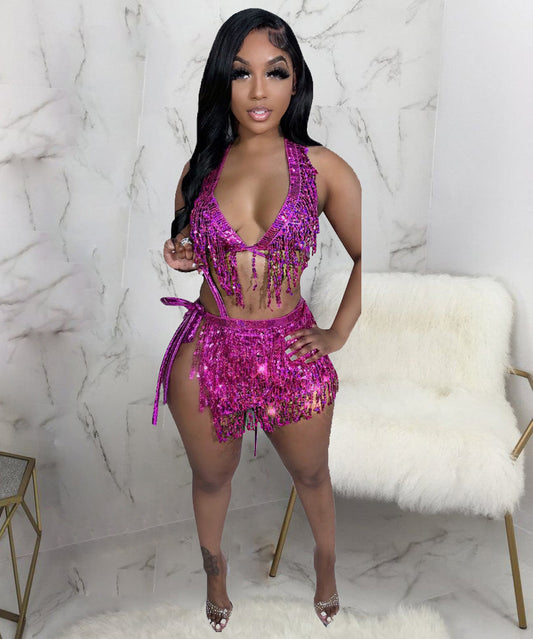 European And American Sequined Beach Dress Three-piece Swimsuit