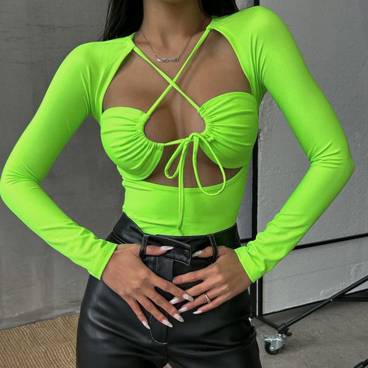 Lace-Up Women's Hollow-Out Skinny Fit Solid Color Long Sleeve Bodysuit