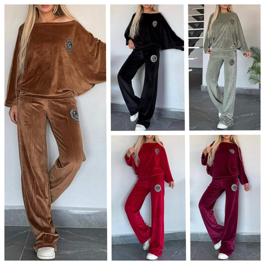 Velvet Solid Color O-Neck Long Batwing Sleeve Sweatshirt + Sweatpants Women Tracksuit to 3X Plus Size