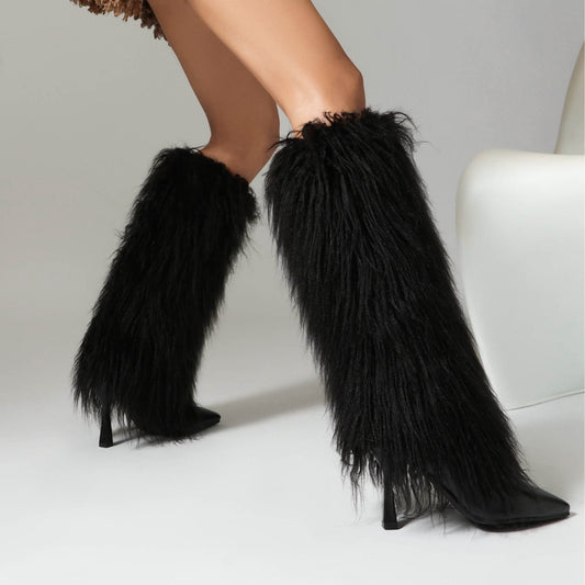 Shaggy Faux Fur Streetwear Tassel Fringe Pattern Stiletto Heel Women's Knee-High Boots