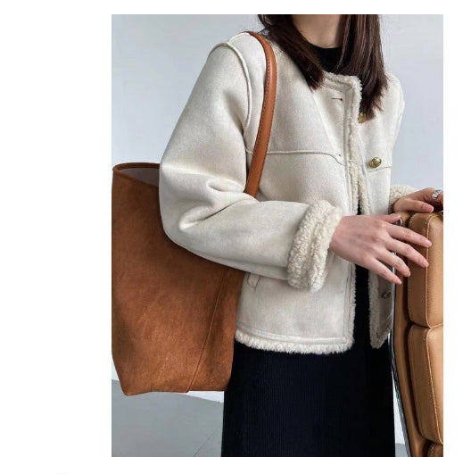 Lamb Faux Fur Plush Fleece Lined Mandarin Collar Women's Button-Up Jacket