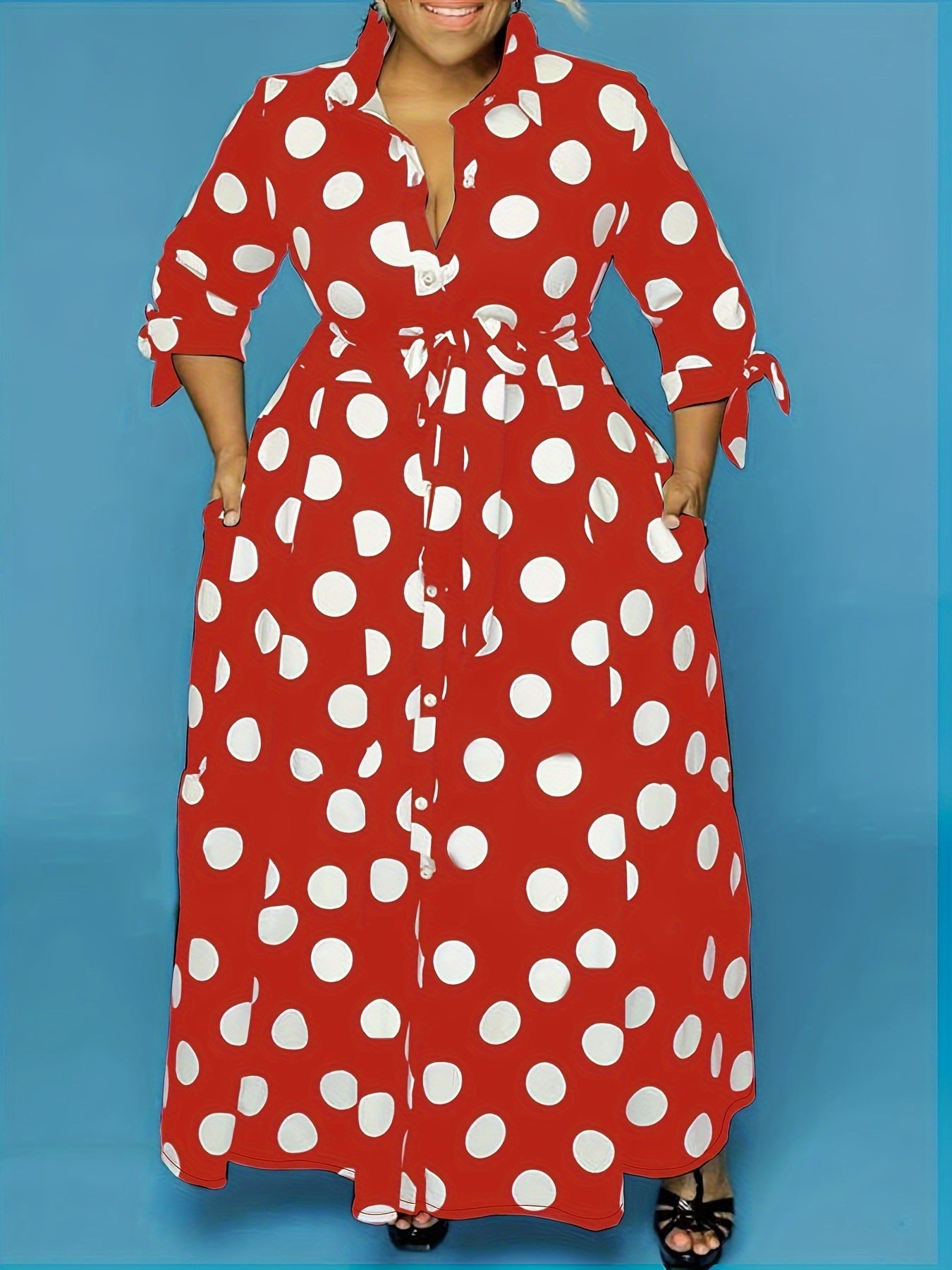 Polka Dot Print Button-Up Long Sleeve Maxi Dress w/ Sash Belt to 7X Plus Size
