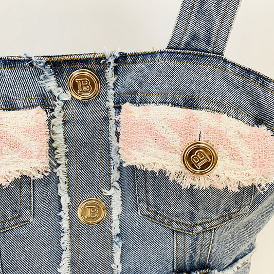 Knitted Houndstooth Denim Fleece Multi-Pocketed Patchwork Tassel Fringe Sling Mini Tank Jean Dress