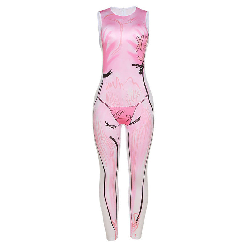 Sleeveless 3D Flame Human Anatomy Print O-Neck Sleeveless Skin Tight Women's Jumpsuit