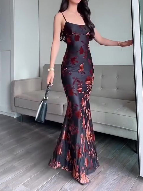 Flower Embroidered Flocked Spaghetti Strap Formal Maxi Party Dress