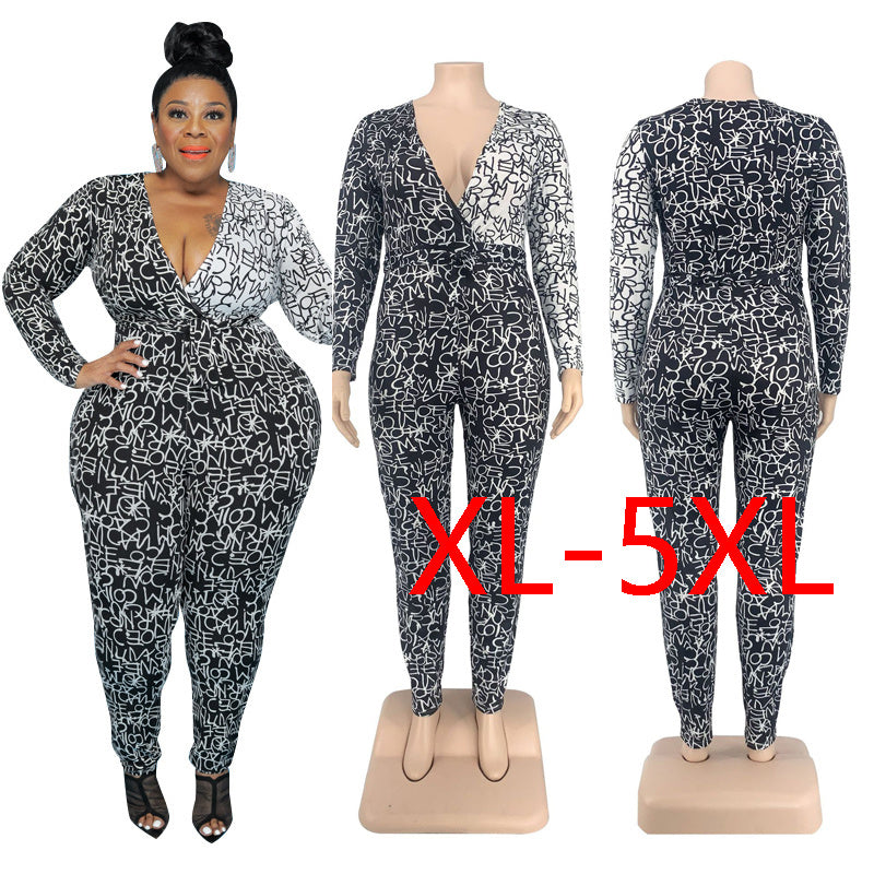 Black/White Letter Print Deep V-Neck Women's Long Sleeve Jumpsuit to 5X Plus Size