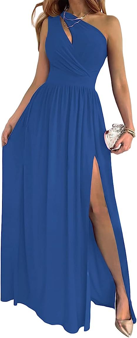 Asymmetrical One Shoulder High Slit Cut-Out Sleeveless Sexy Cocktail Maxi Dress