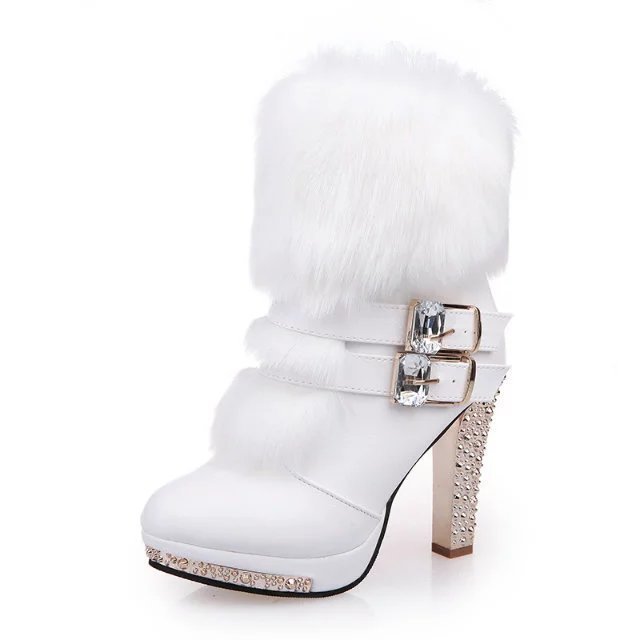 Rhinestone Embellished Faux Fur/Leather Chunky Stiletto Heel Women's Ankle Boots