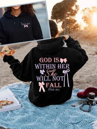 Oversized "God Is Within Her She Will Not Fail" O-Neck Bow Butterfly Heart Letter Print Women's Hoodie Sweatshirt