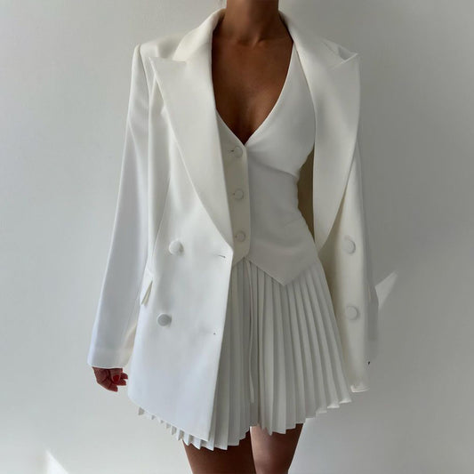 Double Breasted Blazer Jacket + Button-Up Vest Solid Pleated Mini Skirt Women's 3-Piece Suit