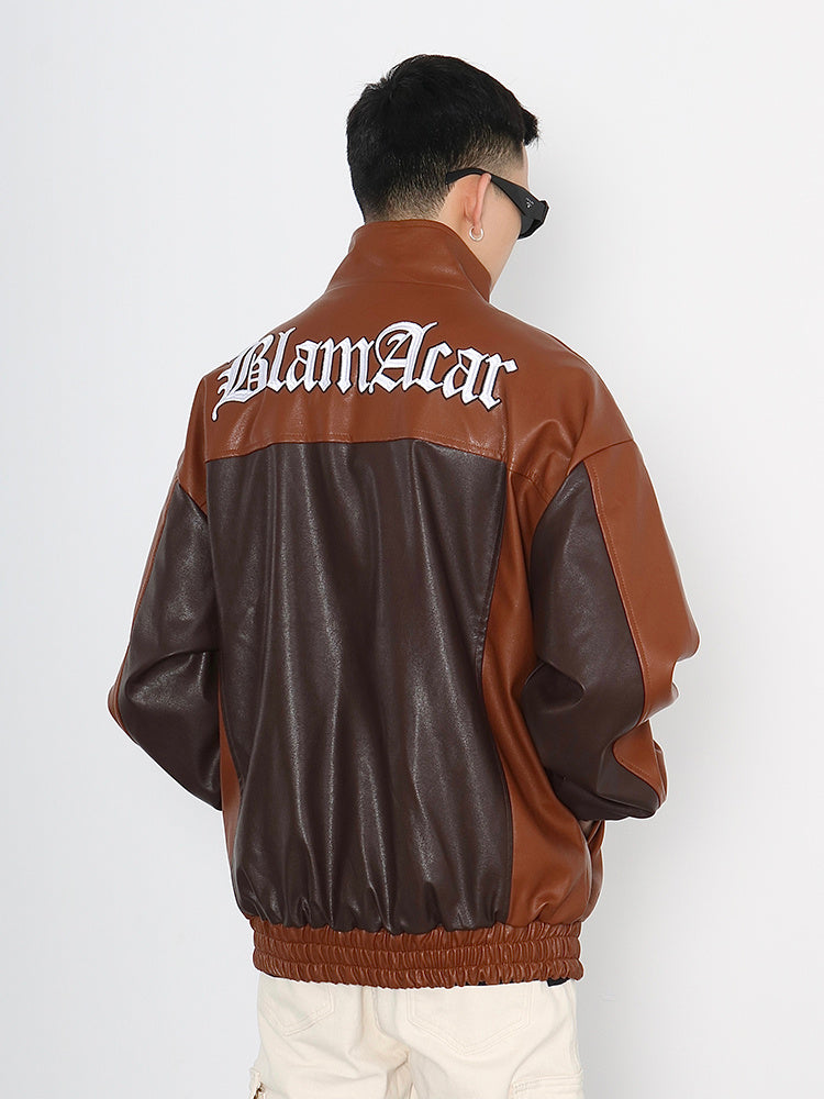 Men's PU Leather Letter Print Hip-Hop Colorblock Contrast Patchwork Embroidered Bomber Jacket