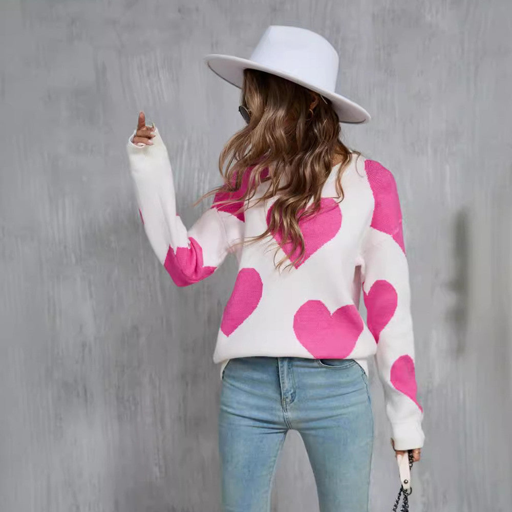 Colorblock Big Heart Print Long Sleeve Women's Pullover Sweater