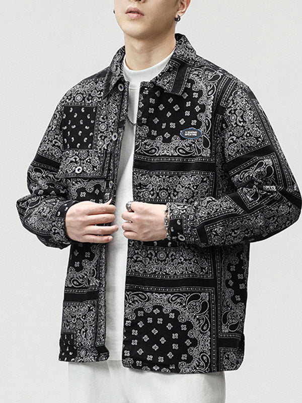 Men's Denim Hip-Hop Paisley Bandana Print Turn-Down Collar Button-Up Jean Jacket