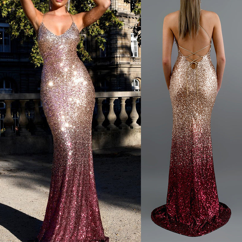 Ladies Sexy V-neck Halter Gradient Long Dress