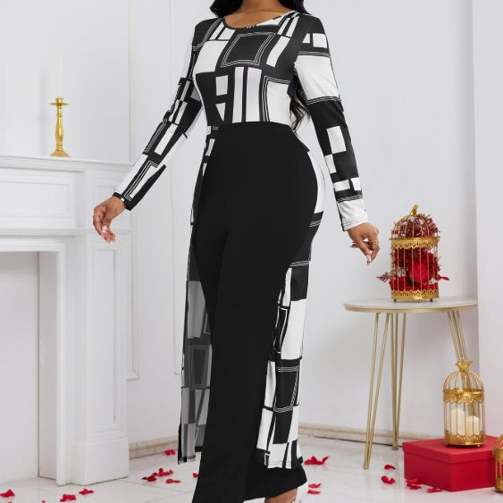 Black/White Colorblock Geometric Print Long Sleeve Maxi Blouse One-Piece Women's Jumpsuit