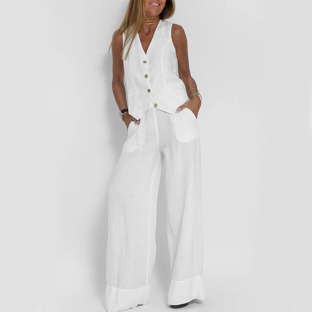 Sleeveless Solid Color V-Neck Button-Up Suit Vest + Loose Pants Women's 2-Piece Suit to 4X Plus Size