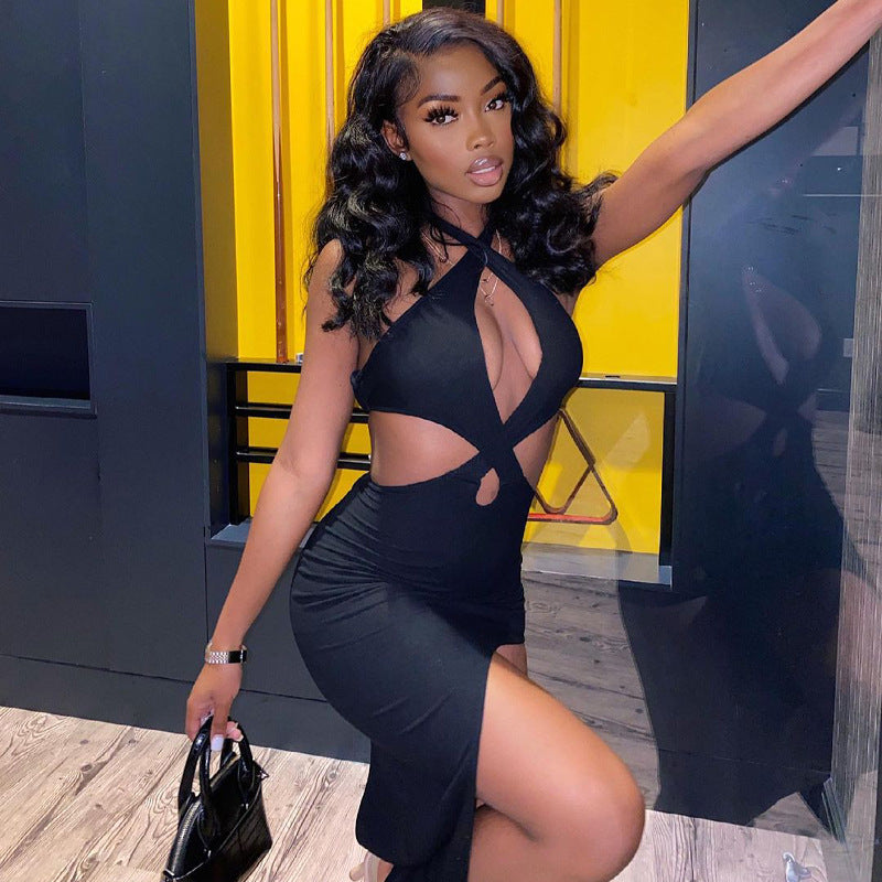 Criss-Cross Halter Neck Sleeveless Backless Solid Color Hollow-Out Mini Dress