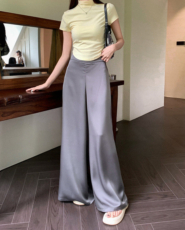 Satin Baggy Loose Solid Color High Waist Wide Leg Women's Pants