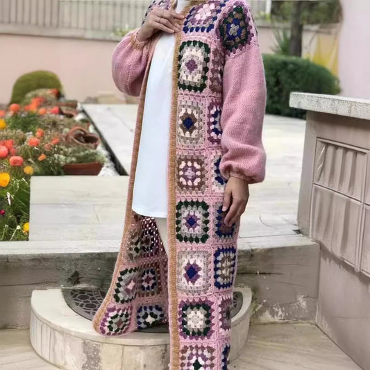 Crochet Floral Geometric Plaid Colorblock Pattern Women's Lantern Sleeve O-Neck Maxi Cardigan Sweater