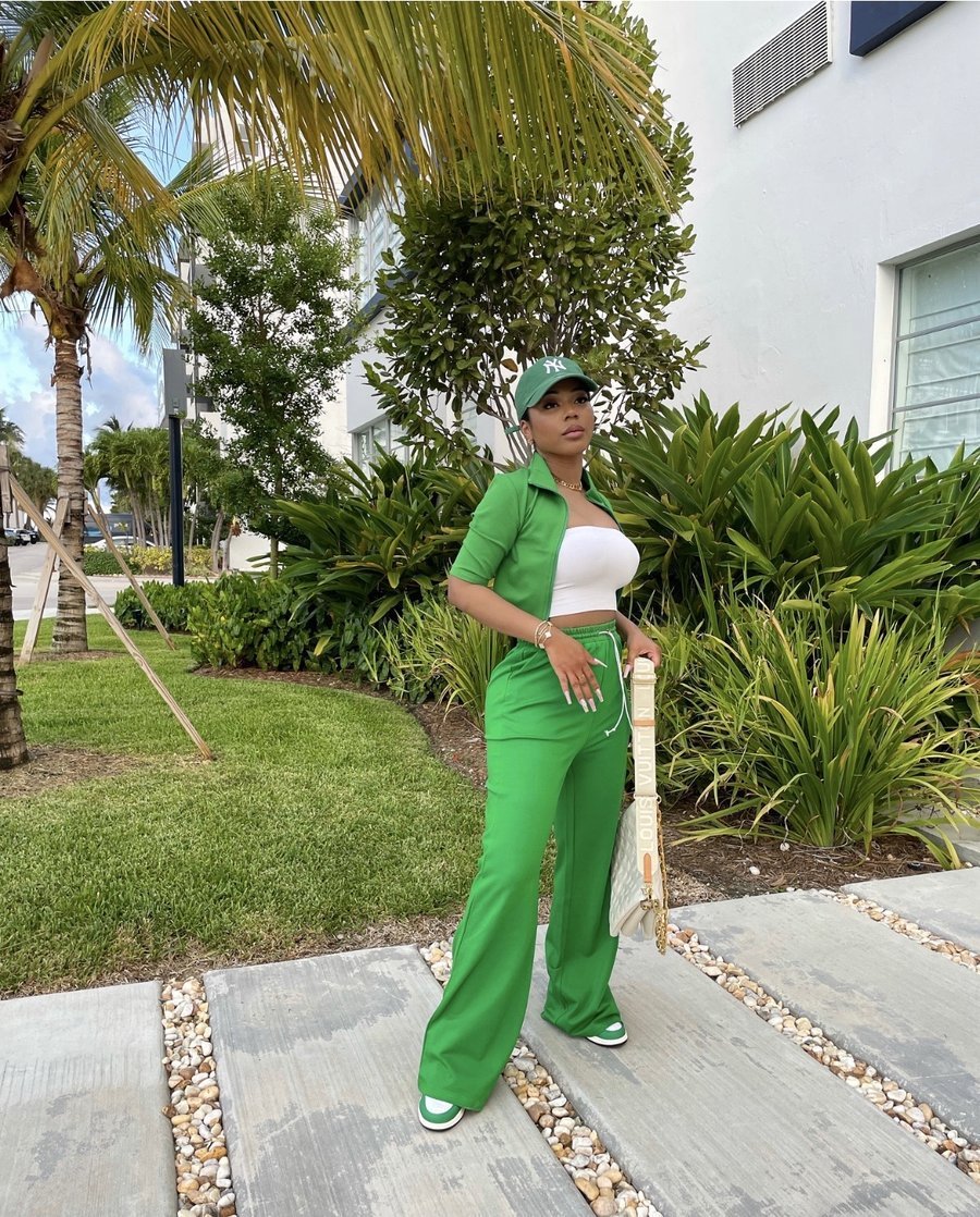 Green Short Sleeve Zipper Front Women's Cropped Shirt + Drawstring Pants Casual 2-Piece Set