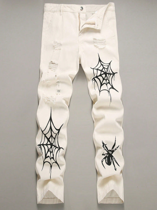 Men's Ruched Spider Web Print Hip-Hop Straight Leg Skinny Jeans