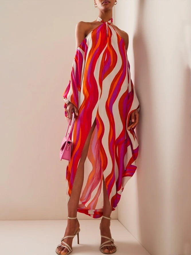 Open Shoulder Rainbow Striped Long Sleeve Loose Maxi Dress