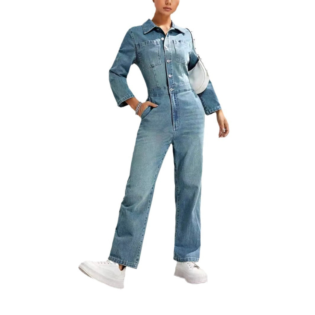 Denim Blue Washed Button-Up Women's Skinny Long Sleeve Turn-Down Collar Overall Jean Jumpsuit
