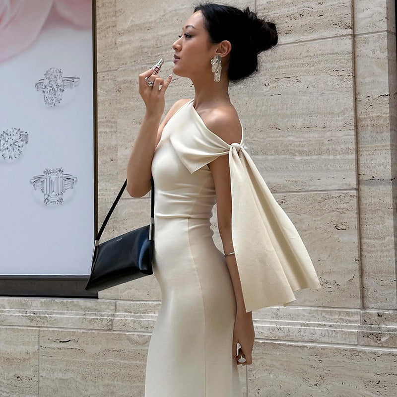 Asymmetrical One Shoulder Hanging Ribbon Detail Skinny Sleeveless Maxi Evening Party Dress