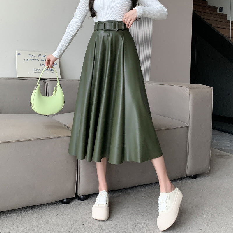 Flared Belted PU Leather A- Line High Waist Midi Skirt