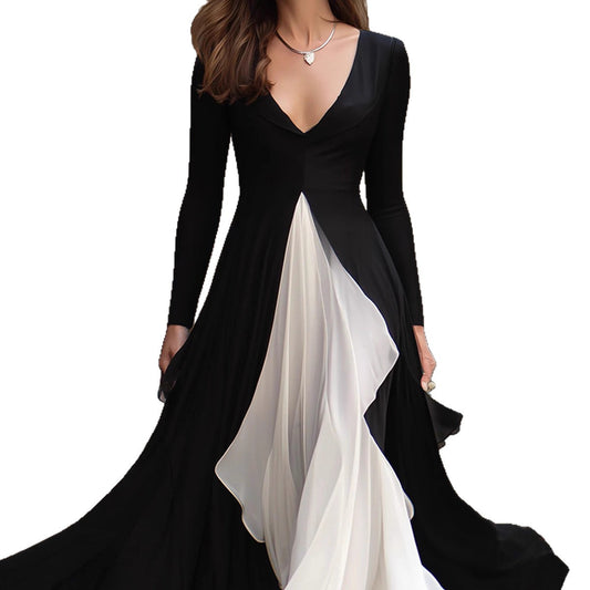 Oversized French Black/White Long Sleeve V-Neck Skinny Maxi Big Swing Dress